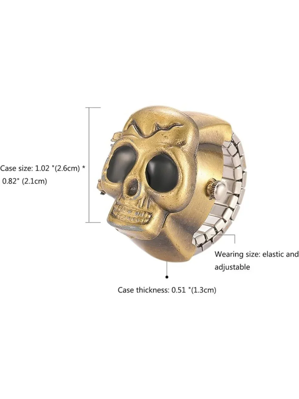 Unisex Gold And Black Analog Punk Skull Flip-Open Adjustable Finger Ring Watch